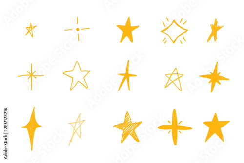 Collection of hand drawn yellow stars and sparkles elements