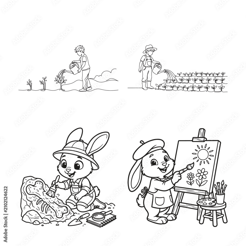 Fototapeta premium cartoon rabbits and kids engaging in creative and gardening activities