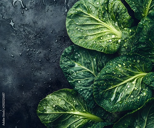 Fresh green cabbage leaves with water droplets on dark textured background top view.