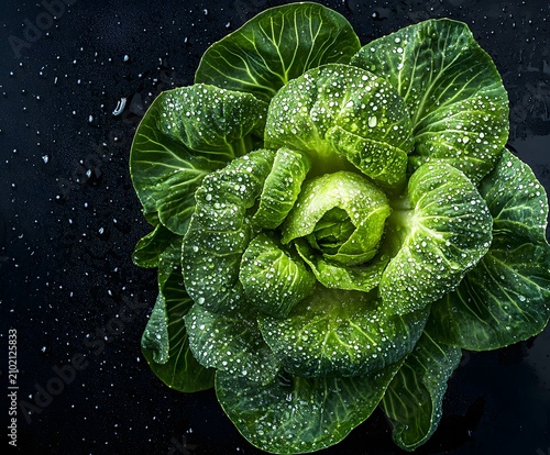 Head of wet cabbage covered in water droplets on black.
