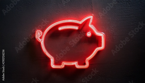 vibrant red neon piggy bank sign glowing against concrete wall surface background