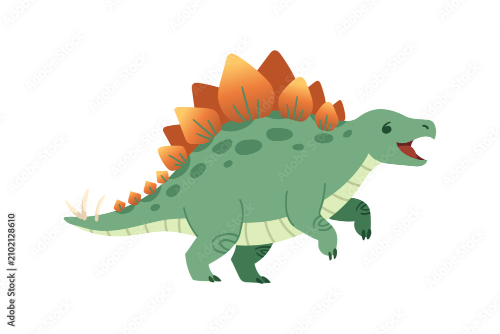 Fototapeta premium Cute cartoon stegosaurus dinosaur running fast. Green prehistoric reptile character with orange back plates, spots, and moving legs. Flat vector illustration isolated on white background.