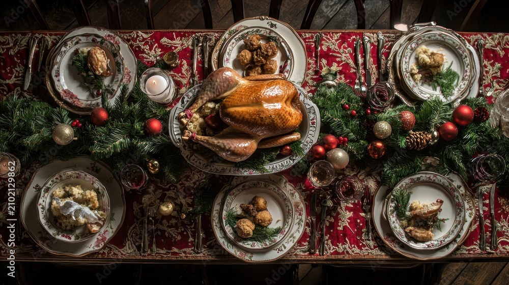 Fototapeta premium Roasted turkey centerpiece on a Christmas dinner table.