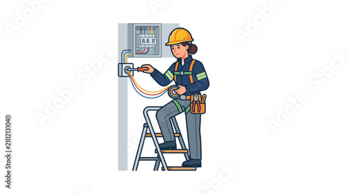 Electrician wearing hardhat on ladder.