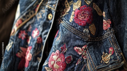 Close-up of embroidered floral denim jacket.