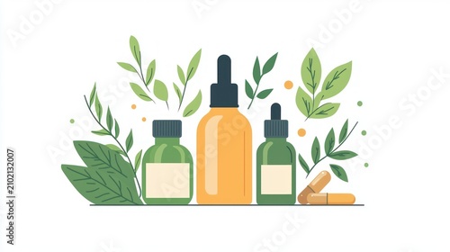 Herbal medicine bottles and capsules with leaves.