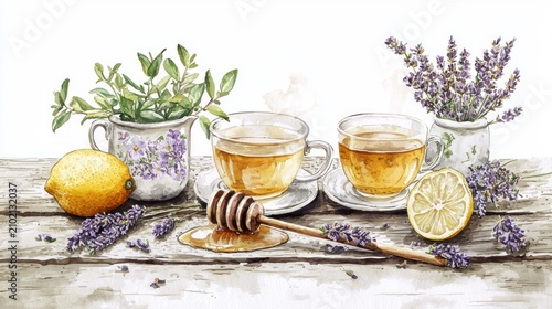 Two cups of herbal tea with lemon, honey, and lavender.