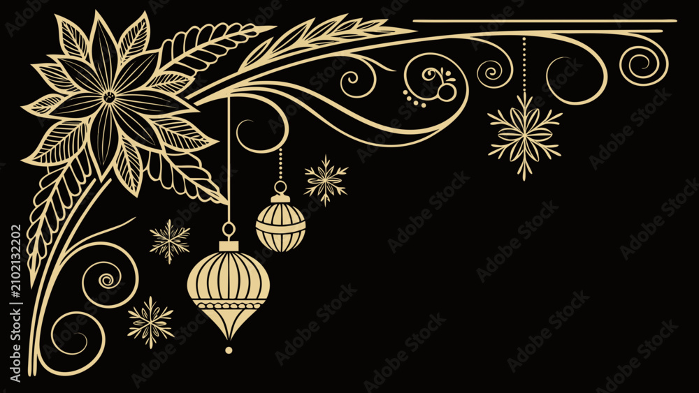 Fototapeta premium Elegant Gold Christmas Corner Border with Ornaments and Poinsettia