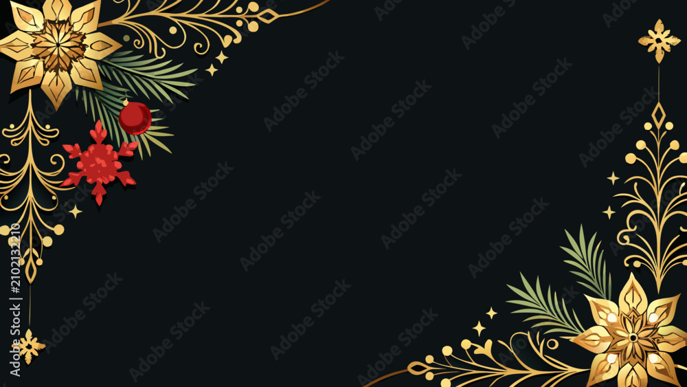 Fototapeta premium Elegant Christmas Background with Gold Flowers and Ornaments