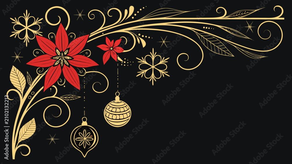 Fototapeta premium Christmas Poinsettia and Gold Floral Decoration on Black Background