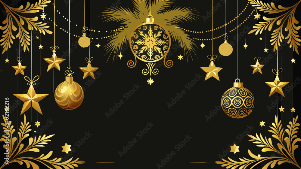 Fototapeta premium Elegant Golden Christmas Ornaments on Black Background