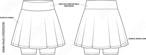 Canvastavla Technical fashion flat sketch of a women's knee-length flared fitness skirt with built-in shorts and side pockets, presented in front, back, and side views