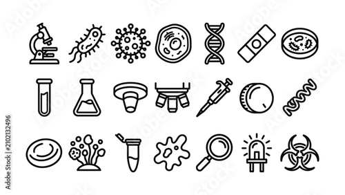 Cuadro en lienzo Black line icons of microbiology lab equipment and cells