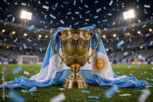 Gold Championship Trophy draped in Argentine flag on stadium grass with falling confetti, celebrating a historic football victory and national sporting success