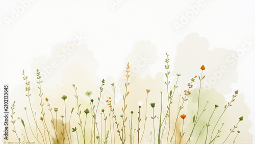 Delicate botanical stems with slender leaves on white background