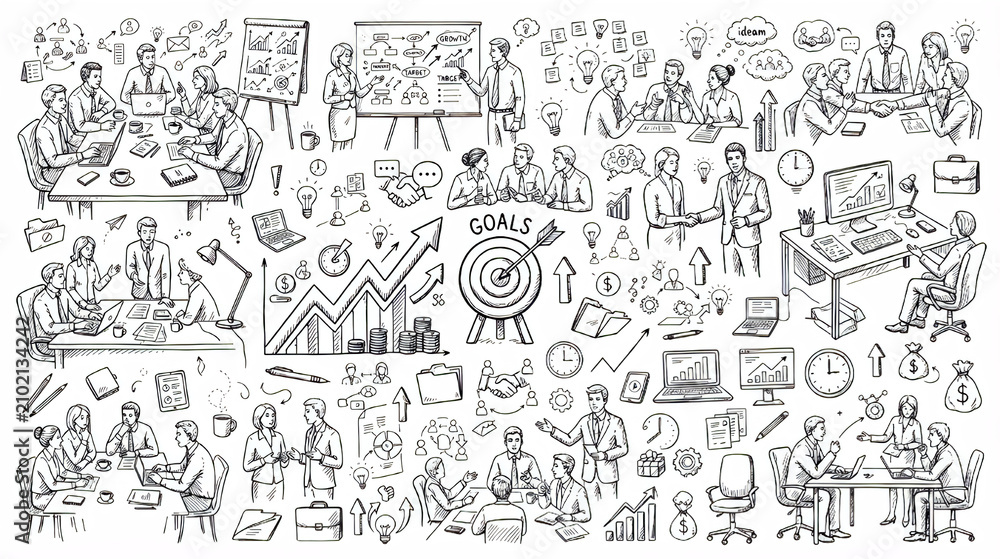 Fototapeta premium Hand draw business meeting and office teamwork doodle elements set