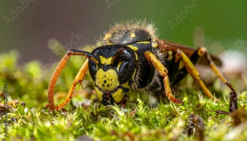 Close-up of a yellowjacket wasp on green moss, detailed macro.