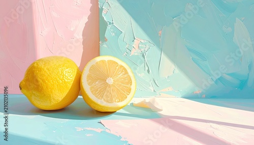 Two lemons, one sliced, against textured pink and blue background with shadows