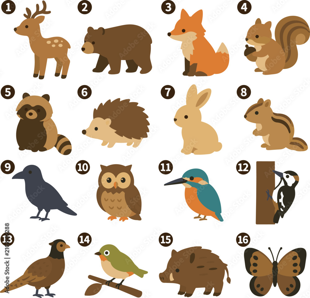 Obraz premium Autumn Animals Icon Set Illustration Collection