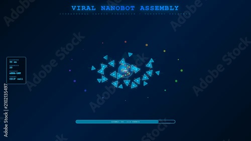 Innovative Biotech Quantum Computing interface displays the digital construction of synthetic nanobots in a scientific environment as complex microscopic data points assemble into a precise structure