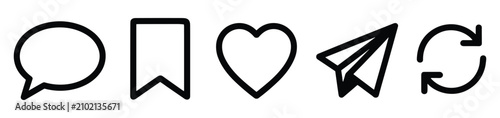 Social media interaction icon set including like comment save share and repost with interaction communication interface bookmark pictogram