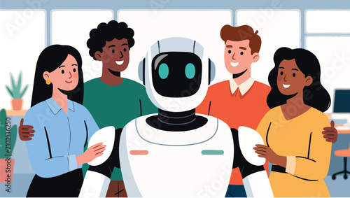 Diverse group of people standing together a friendly white robot in a bright office environment.
