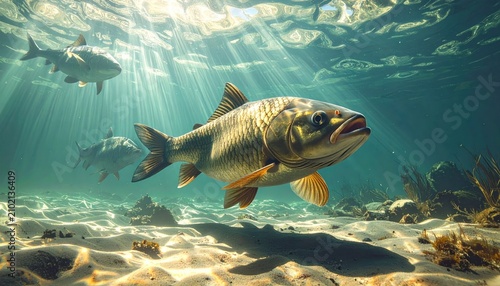 Underwater view of several fish swimming in a sunlit ocean environment (1)