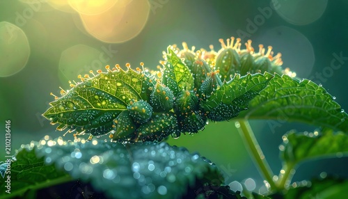 Close-up of vibrant, dew-kissed plant with textured leaves against blurred bokeh background