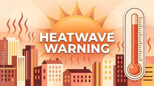 Urban heatwave warning concept with thermometer and city skyline representing extreme summer temperatures and climate change
