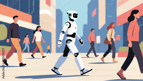 Pixel style of a white humanoid robot walking through a busy city street pedestrians.