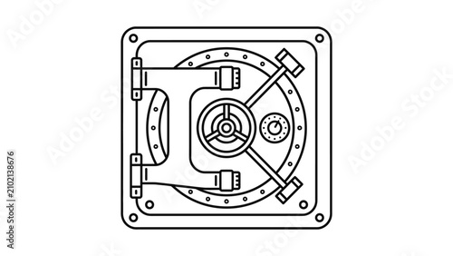 Black and white line art illustration of a heavy bank vault door.