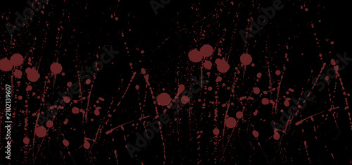 Abstract dark background with red paint splatters and ink droplets.