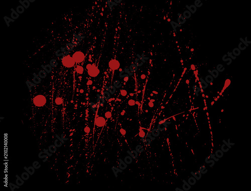 Abstract red paint splatters and drips on a solid black background.