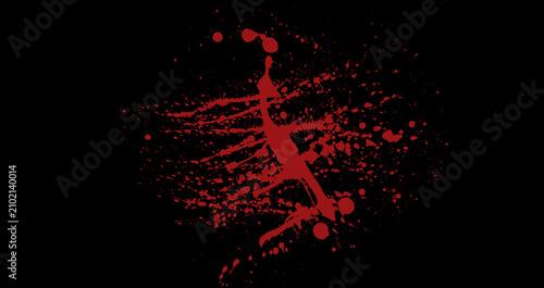 Abstract red paint splatter design isolated on a solid black background.