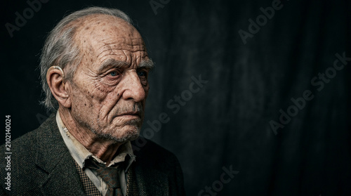 Elderly man portrait in a cinematic halloween, gothic maximalist style, evoking a spooky ghost party and dark vintage eerie atmosphere