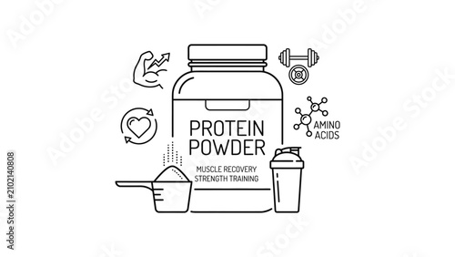 Minimalist outline illustration of a protein powder container with gym and fitness icons.