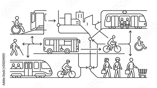 Public transportation network infographic with diverse commuters and accessibility.