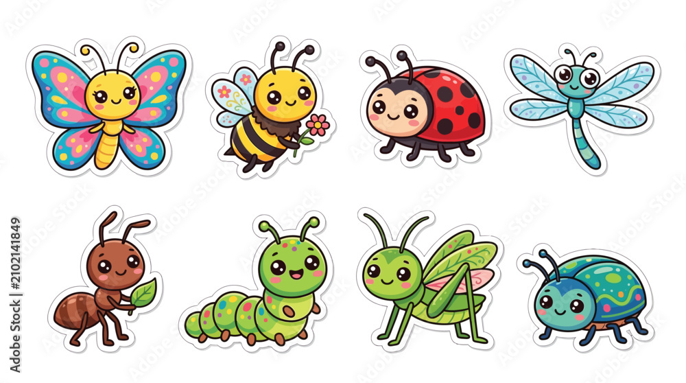 Naklejka premium Collection of Cute Cartoon Insects with Happy Faces, Including a Butterfly, Bee, Ladybug, Dragonfly, Ant, Caterpillar, Grasshopper, and Beetle.
