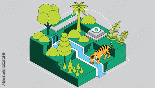 Quadro su tela An isometric illustration of a tiger drinking from a stream in a lush, green environment with trees, plants, and a small waterfall