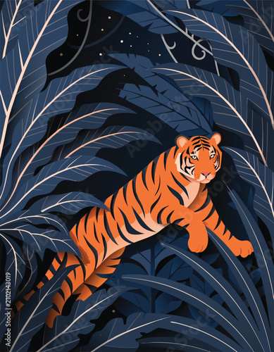 Photography An illustration of a tiger in a dense jungle surrounded by dark blue leaves