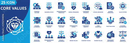 Schilderij op canvas core values icon set contains business ethics, organizational principles, moral