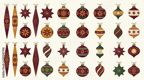 Set of Elegant Christmas Ornament Decorations with Festive Geometric Patterns and Vintage Holiday Baubles for Seasonal Celebration Design