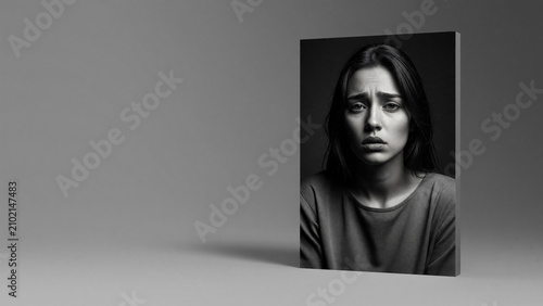 Woman with sad expression looking directly at the camera in grayscale  