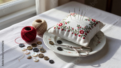 Sewing kit with pins, buttons, and thread on a white tablecloth  
