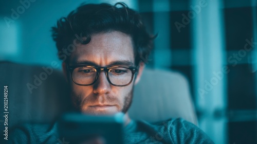 Safe online environment, Man wearing glasses intently focused on a smartphone in a dimly lit, blue-toned indoor setting.