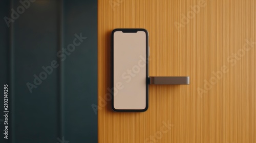Safe online environment, A modern smartphone is mounted on a wooden door, seamlessly integrated with a sleek, metallic door handle, symbolizing smart technology in home security.