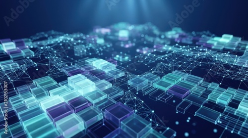 Futuristic digital landscape with glowing blue cubes and wireframe network lines representing big data analytics
