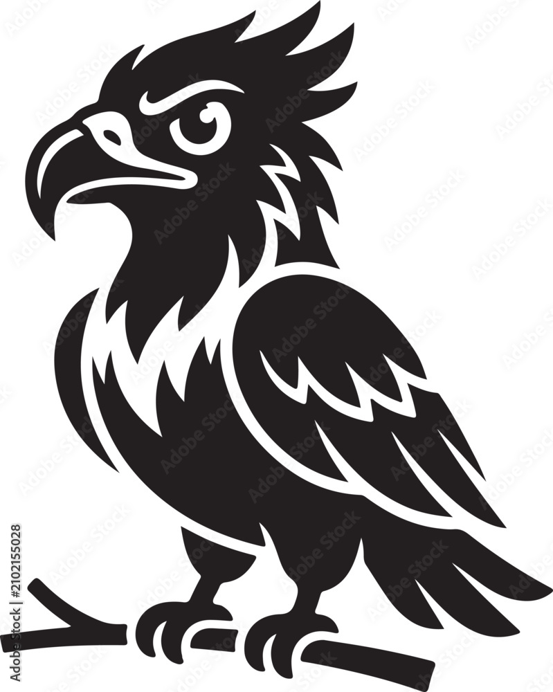 Fototapeta premium Black and white eagle perched on a branch illustration