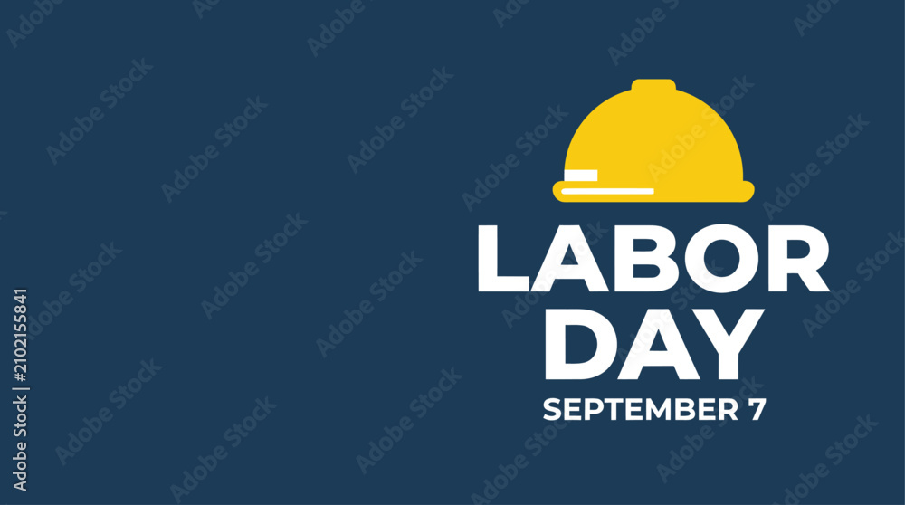 Fototapeta premium Labor Day celebration banner with yellow construction hard hat on dark blue background.