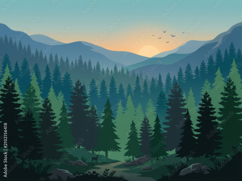 Fototapeta premium Vector illustration of a mountain pine forest landscape during sunrise